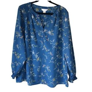 Women's CJ Banks Blue Floral V Neck Long Sleeve Top 1X